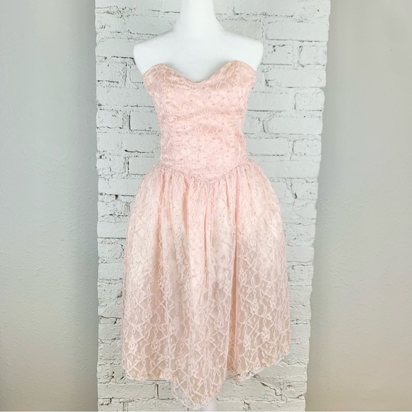 Gunne Sax Jessica McClintock Strapless Pink Glitter Sequin Lace Dress Nylon 7/8 - Picture 1 of 16